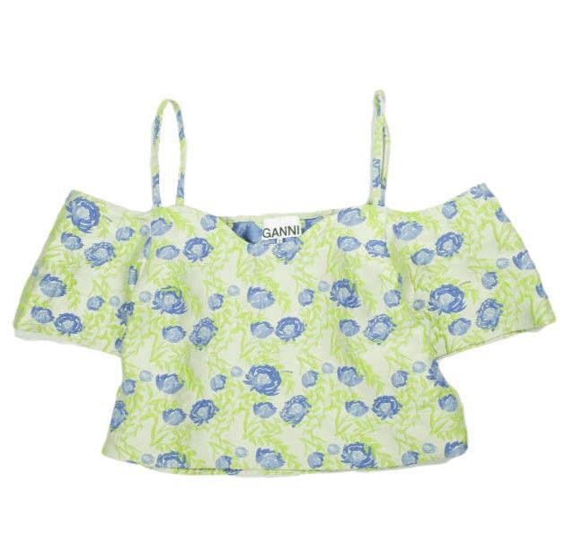 GANNI ガニー 3Dフラワージャガードオフショルダーブラウス 1577-343-1774 Free Green/Blue シャツ トップス g26060