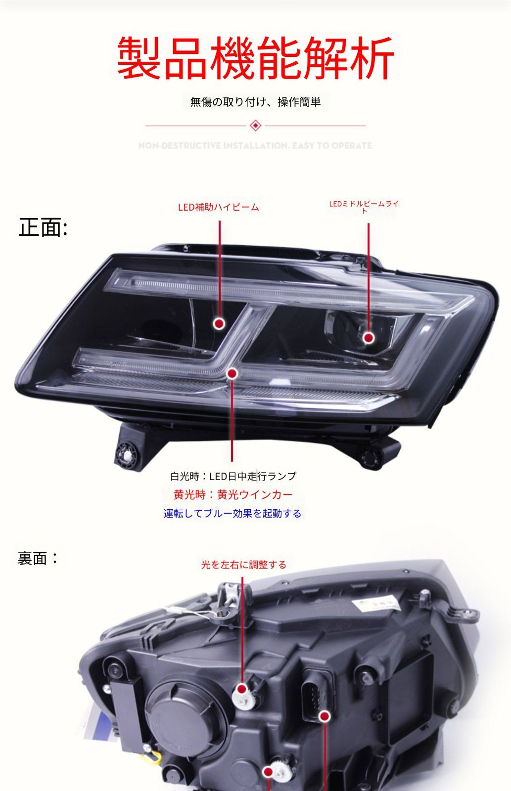 アウディ Q5 09-18 LEDヘッドライトユニット LEDデイライト イエロー 