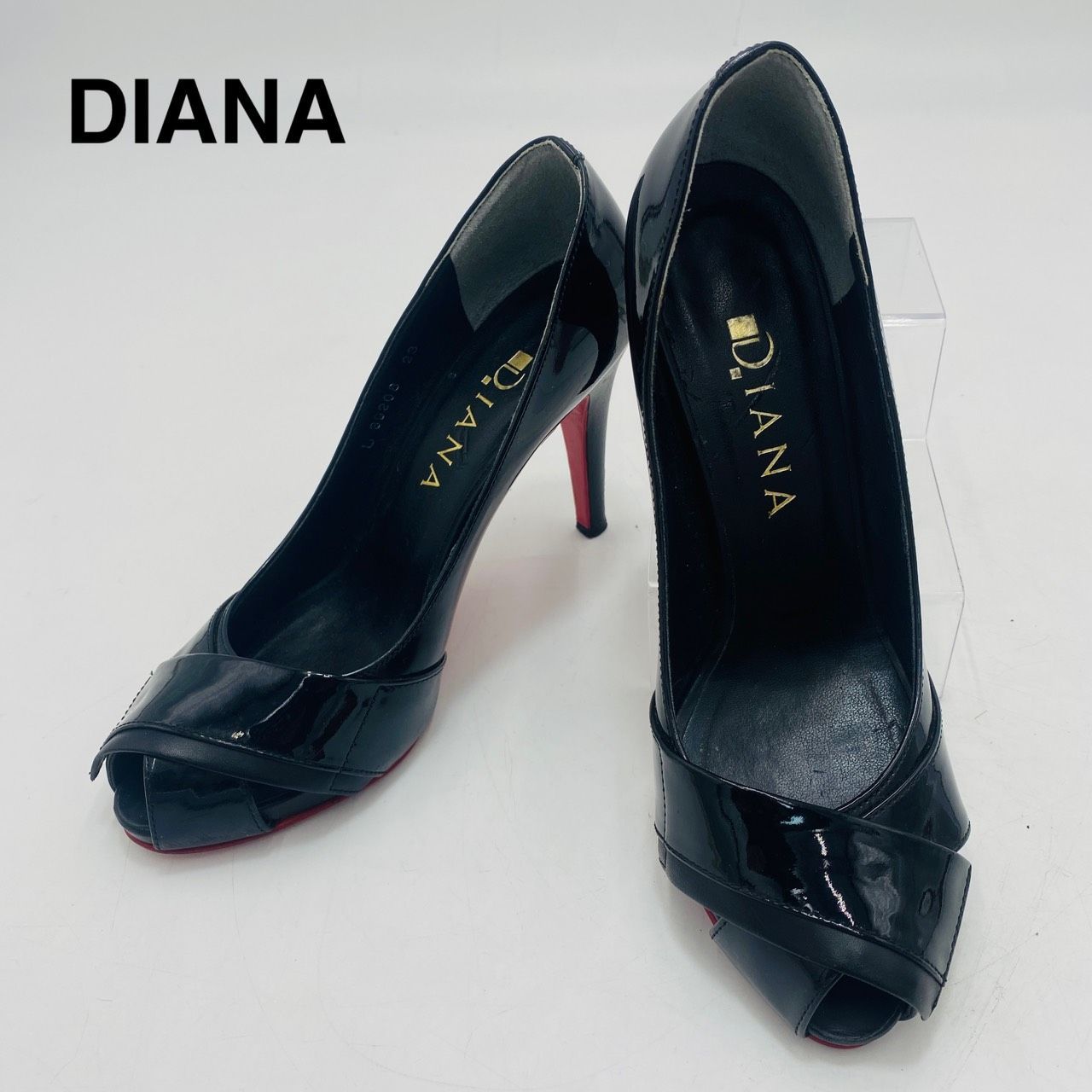 DIANA ダイアナ オープントゥパンプス 23cm エナメル ブラック レッドソール 美品 極美品 人気モデル 定番 日本製 通勤 式典 結婚式 パーティー 完売品 希少 ヒール メンテナンス済み hws02626