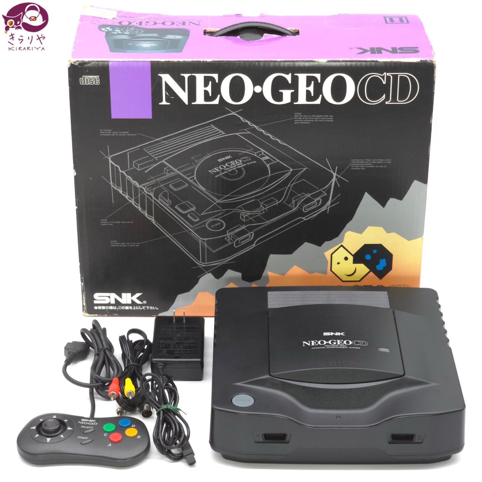 SNK エスエヌケー NEO・GEO CD本体セット 映像出力NG・音声出力確認済 外箱 純正アダプター 純正コントローラーパッド 社外品AVケーブル