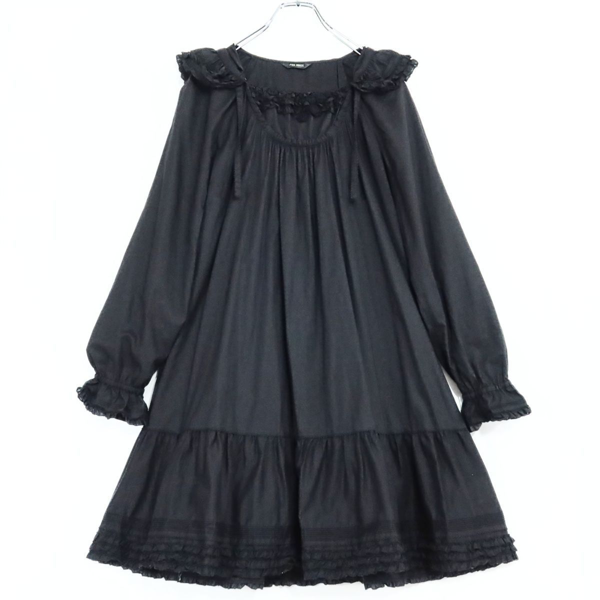 【美品】ピンクハウス★お花モチーフ♪ふんわりローンワンピース フーディ 黒系 段々フリル♪薄手 z19597