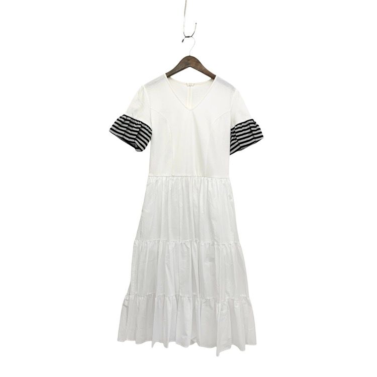 未使用品 BORDERS at BALCONY ボーダーズアットバルコニー ティアードTeeドレス Vネック ホワイト 36 BD2211P-３E-02
