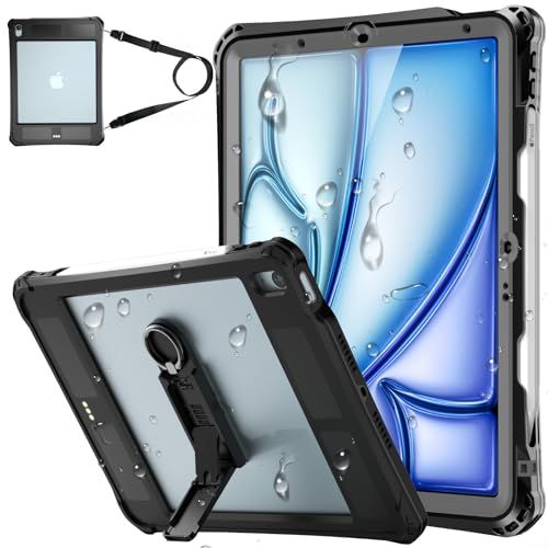 TMACJUMP iPad Air ケース 防水 11インチ M4/M3/M2・10.9インチ 第5世代/第4世代 対応 IP68 完全防水 防塵 耐衝撃 ペン収納 保護フィルム一体型 キックスタンド ショルダーストラップ付き お風呂・キッチン・作業現場向けt