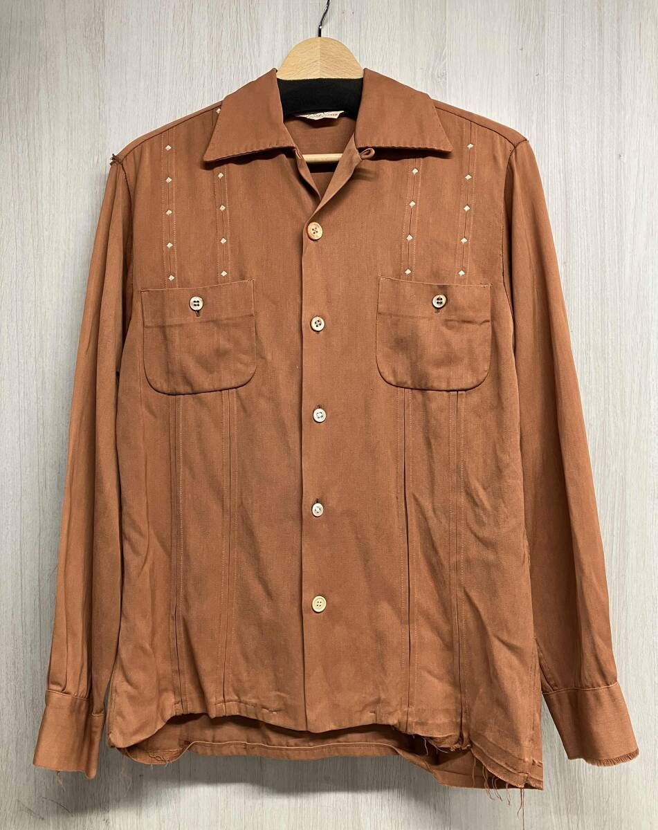 ジャンク HENRY AMBER 50s 60s ヘンリーアンバー オープンカラー ロカビリー シャツ ダイヤモンド 刺繍 オレンジ ヴィンテージ S 状態考慮
