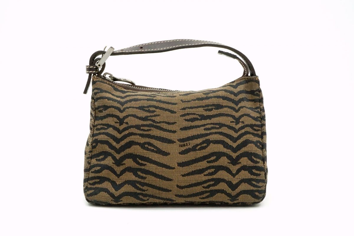 フェンディ ミニ ハンドバッグ アクセサリーポーチ ゼブラ柄 シルバー金具 イタリア製 キャンバス 茶 ブラウン FENDI 6358h