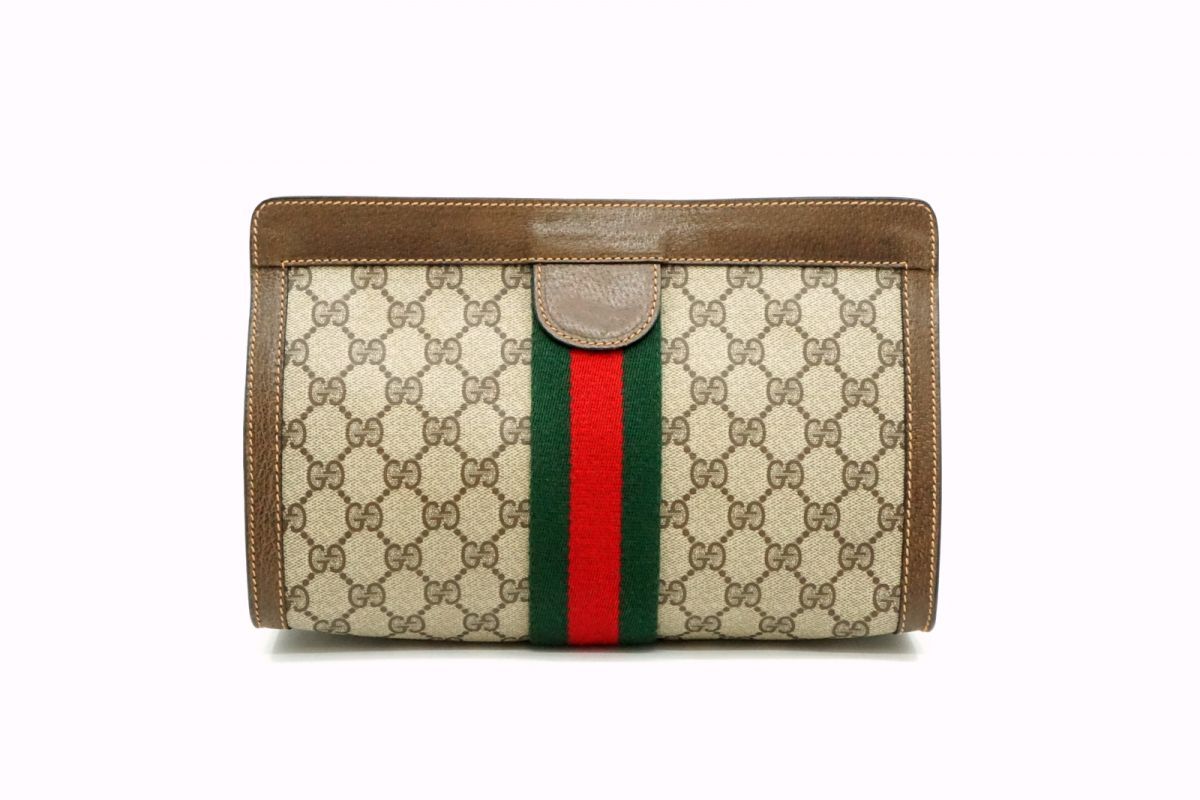 オールド グッチ ヴィンテージ シェリーライン クラッチ セカンド バッグ GGプラス 89 01 002 PVCレザー 茶 ブラウン GUCCI 6368h