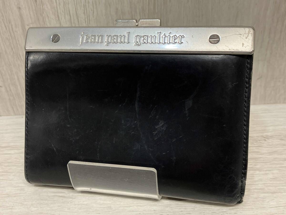 Jean Paul Gaultier ジャンポール ゴルチエ メタルプレート がま口 二つ折り 財布 ウォレット レザー ブラック シルバー ※状態考慮