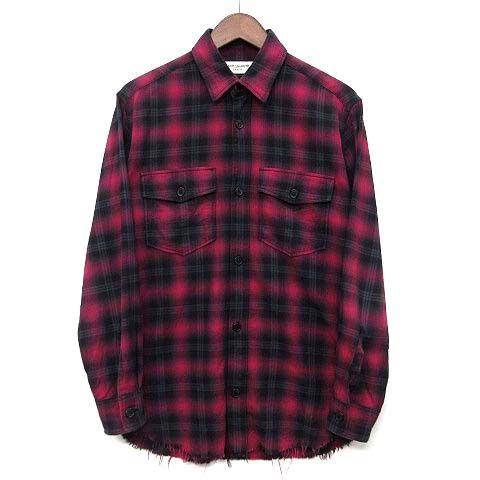 サンローラン パリ SAINT LAURENT PARIS エディ期 オンブレチェック シャツ 長袖 カットオフ 419979 レッド ブラック XS