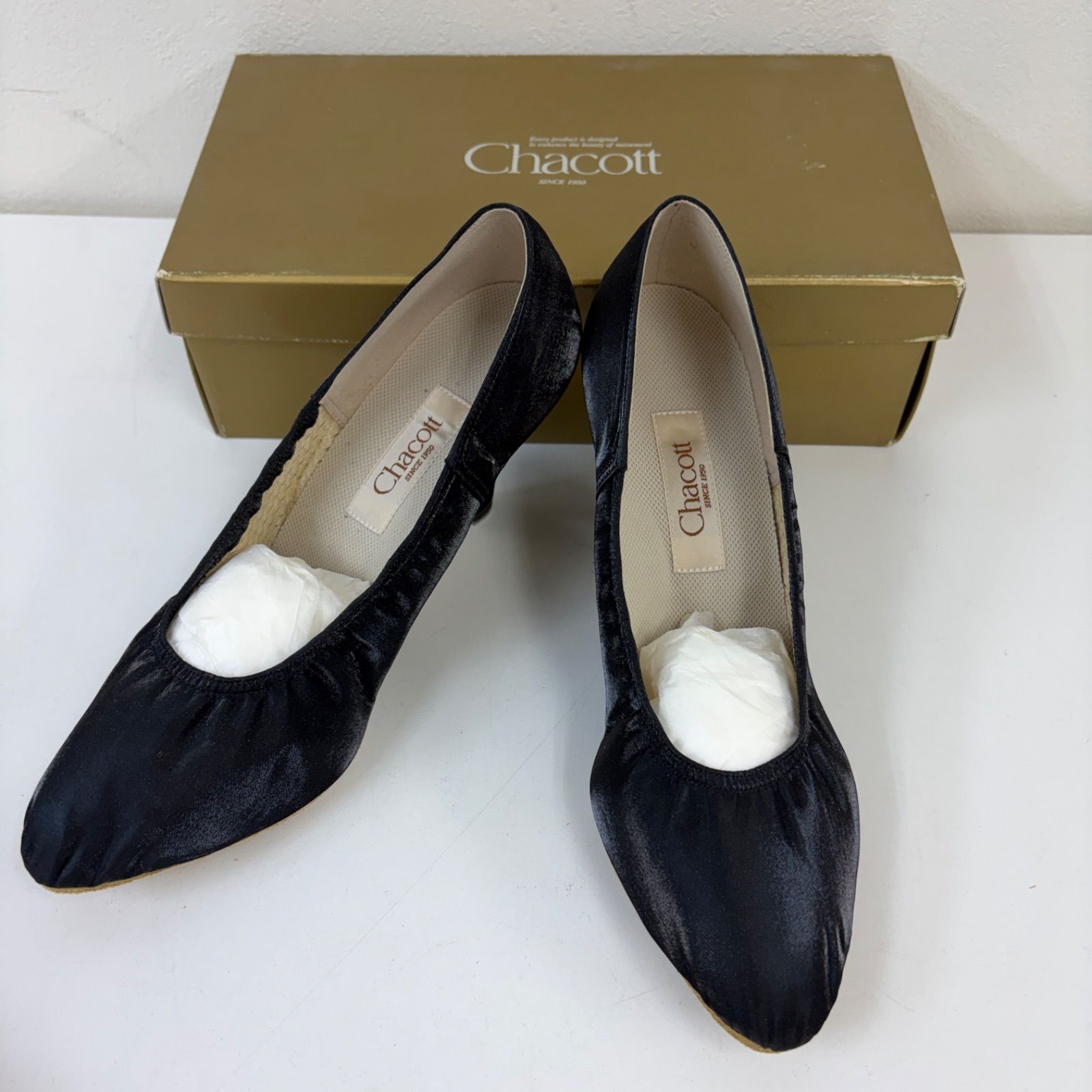 【Chacott】 社交ダンス ダンスシューズ パンプス ブラック サテン #7072 25cm チャコット 未使用品