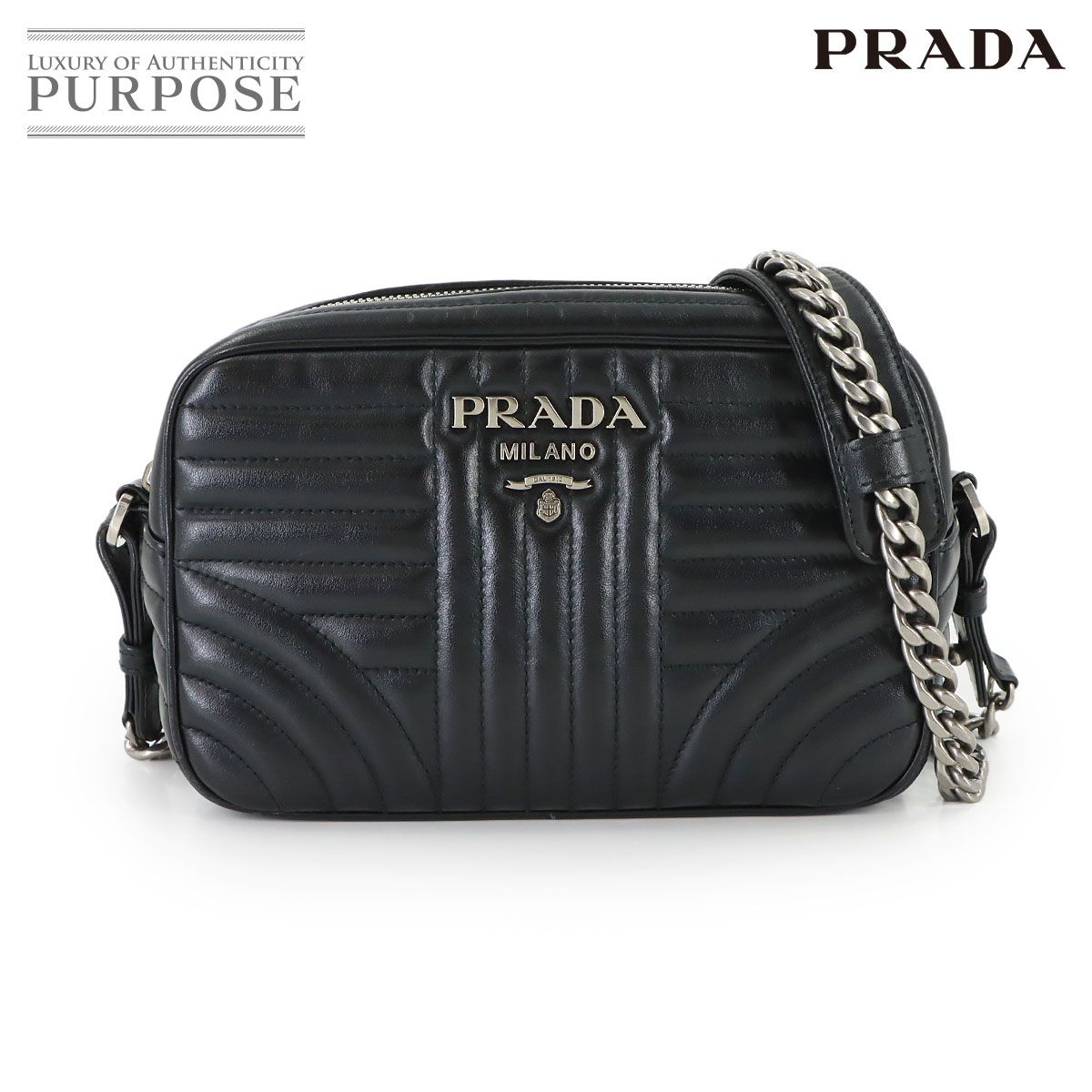 新品同様 プラダ PRADA ダイアグラム チェーン ショルダー バッグ レザー ネロ ブラック 1BH083 シルバー 金具 90322569