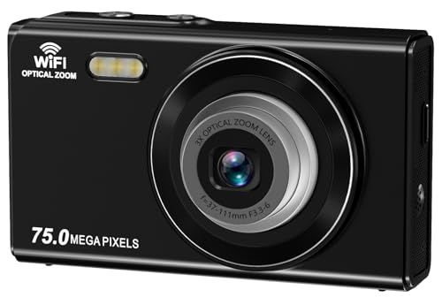 デジカメ 3倍光学ズーム スマホに送れる 4K デジタルカメラ WIFI転送機能 7500万画素 64GBマイクロSDカード付き グリッド表示 オートフォーカス機能 LEDライト ウェブカメラ 2.8インチデイスプレイ バッテリー2枚付属 子 88392ef1