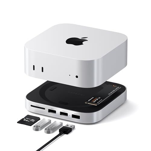 SATECHI Mac Mini M4 ハブ & スタンド NVMe SSD エンクロージャー搭載｜M4 Mac Mini ドッキングステーション 最大10Gbps 高速データ転送 USB-A x2・USB-Aデータポート・SDカードリーダー 893e60e5