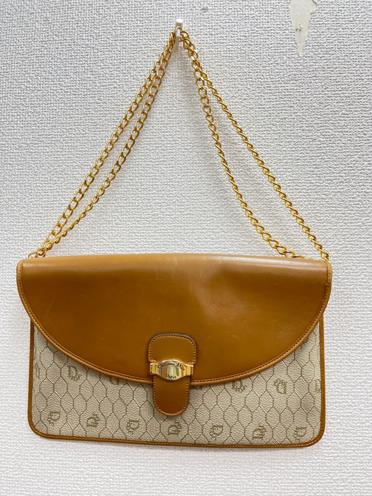 19. Christian Dior オールドクリスチャンディオール　ハニカム柄　レザーチェーン　ハンドバック　ベージュ　2way ハニカム柄