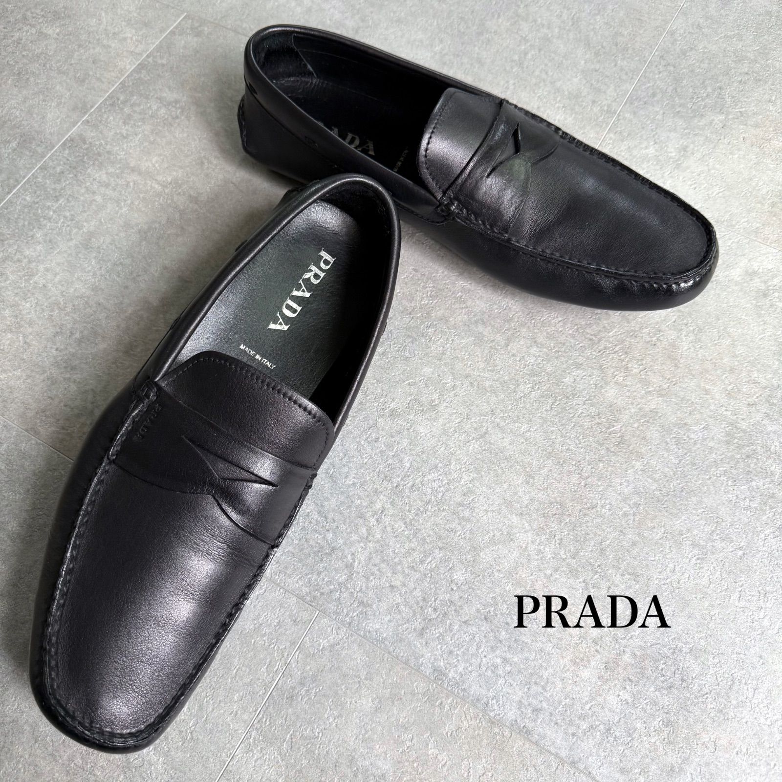 品質保証，定番 美品 PRADA プラダ ロゴレザーローファー ブラック 黒