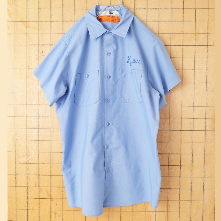 70s 80s USA製 RED KAP Ryanチェーンステッチ カットオフワークシャツ ライトブルー メンズL 半袖 アメリカ古着　031926ss32