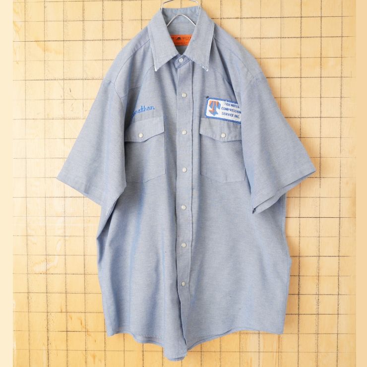 70s 80s USA製 RED KAP チェーンステッチ シャンブレーワークシャツ ライトブルー メンズL 半袖 アメリカ古着　031926ss36