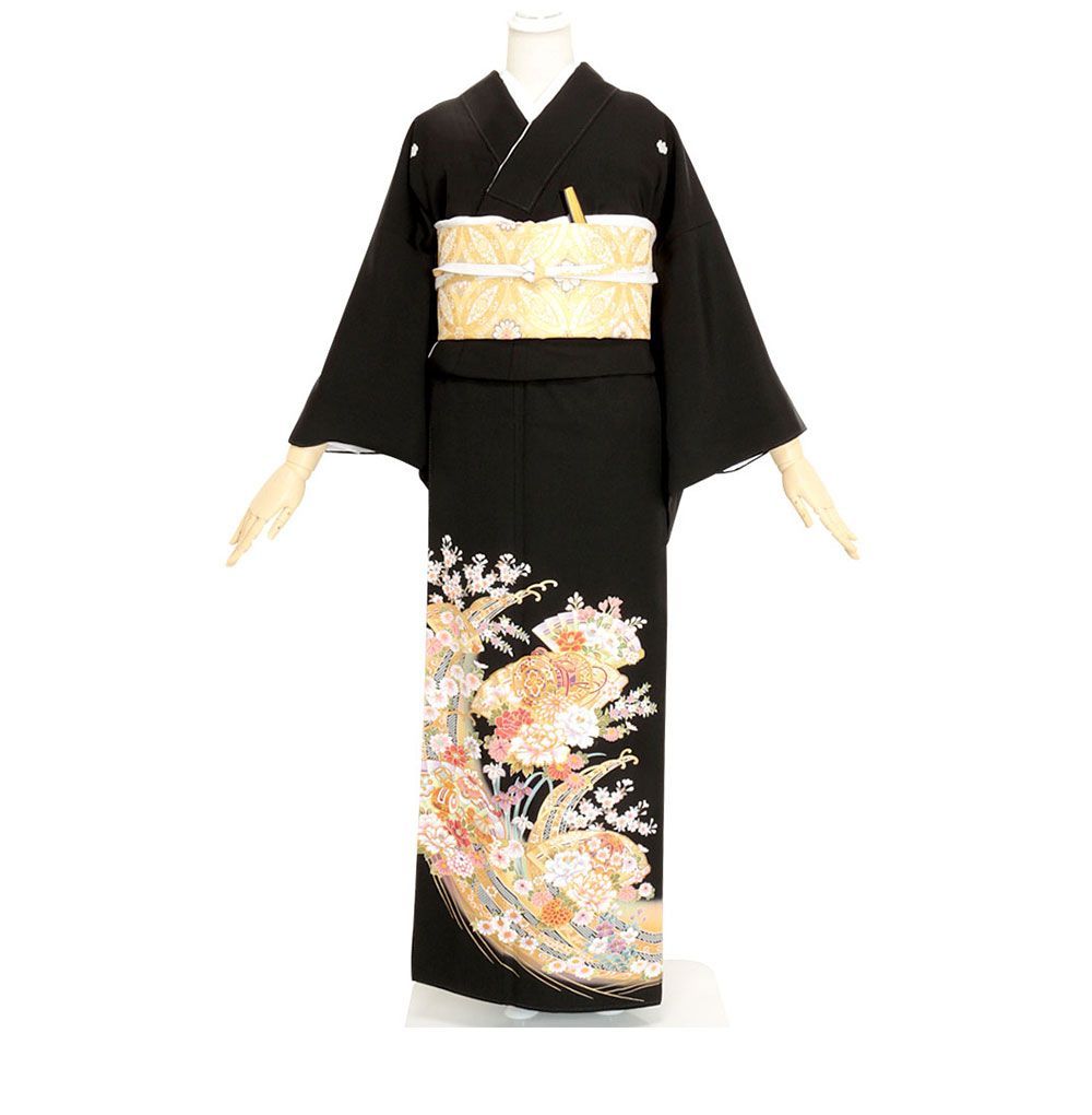 礼装用　黒留袖　金駒刺繍扇宝尽くし文　着物単品　【結婚式、披露宴などの祝い事に】旧レンタル商品