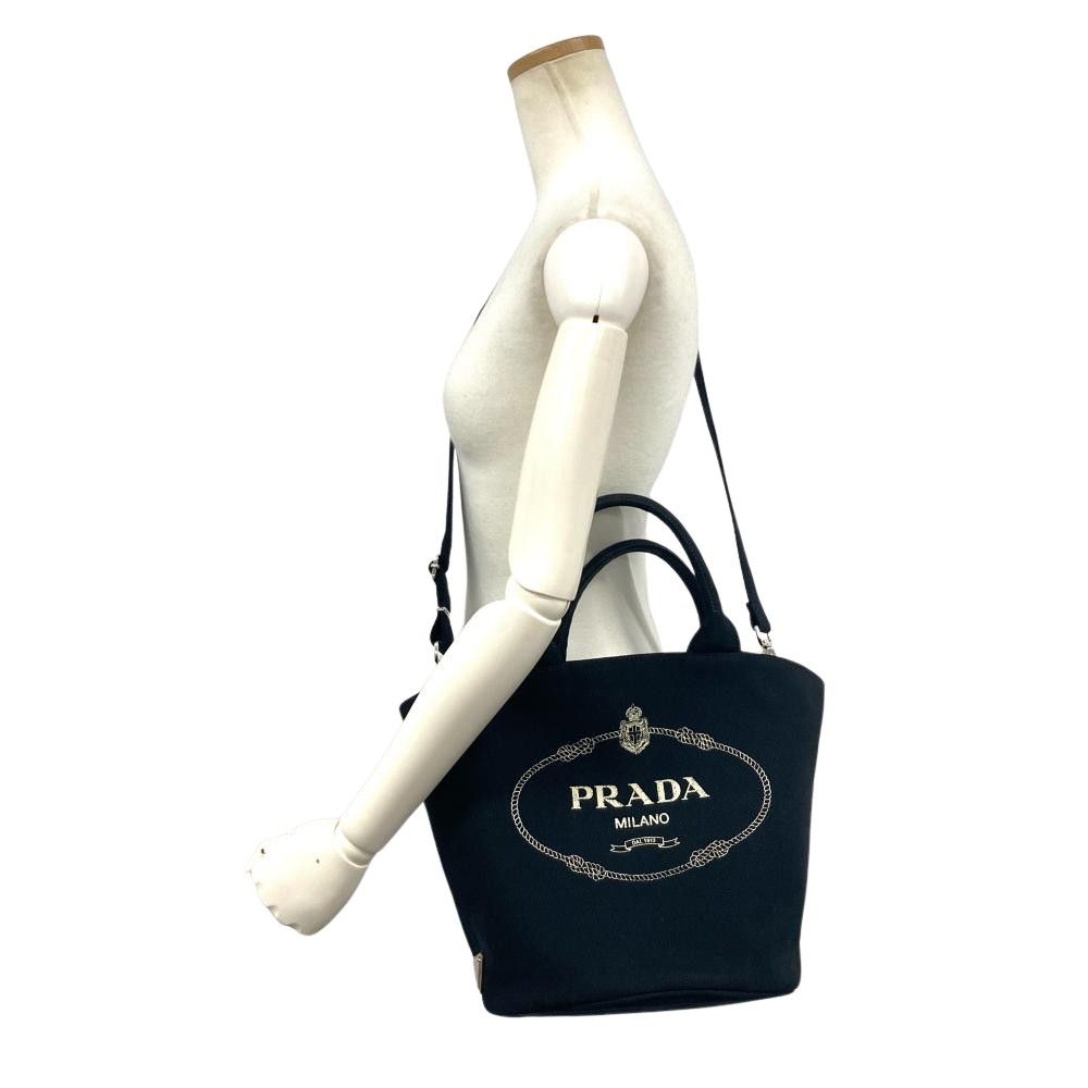 プラダ PRADA カナパ トートバッグ 2WAY キャンバス ブラック シルバー金具 レディース【中古】