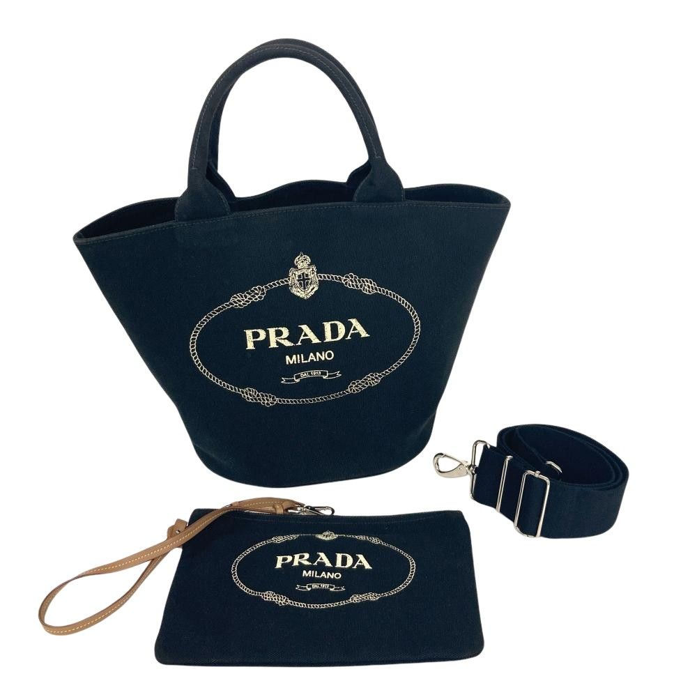 プラダ PRADA カナパ トートバッグ 2WAY キャンバス ブラック シルバー金具 レディース【中古】