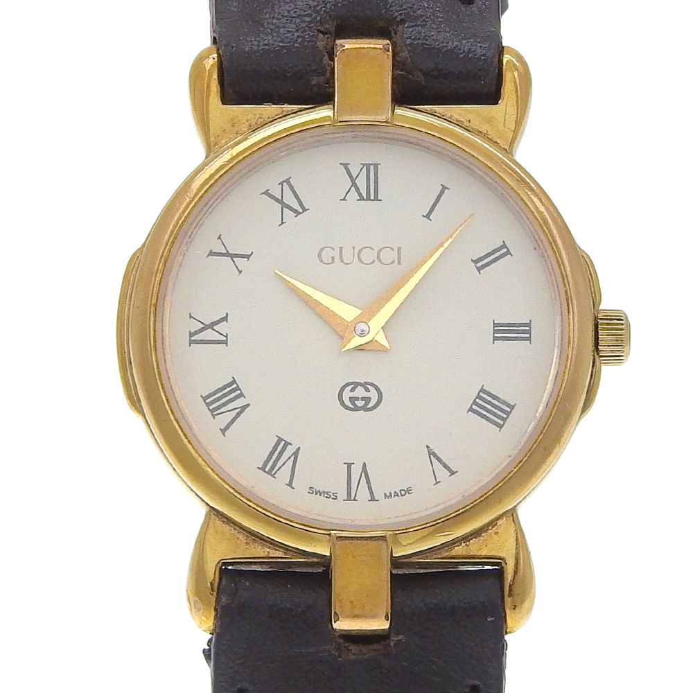 【GUCCI】グッチ 3400L 金メッキ×レザー クオーツ アナログ表示 レディース 白文字盤 腕時計