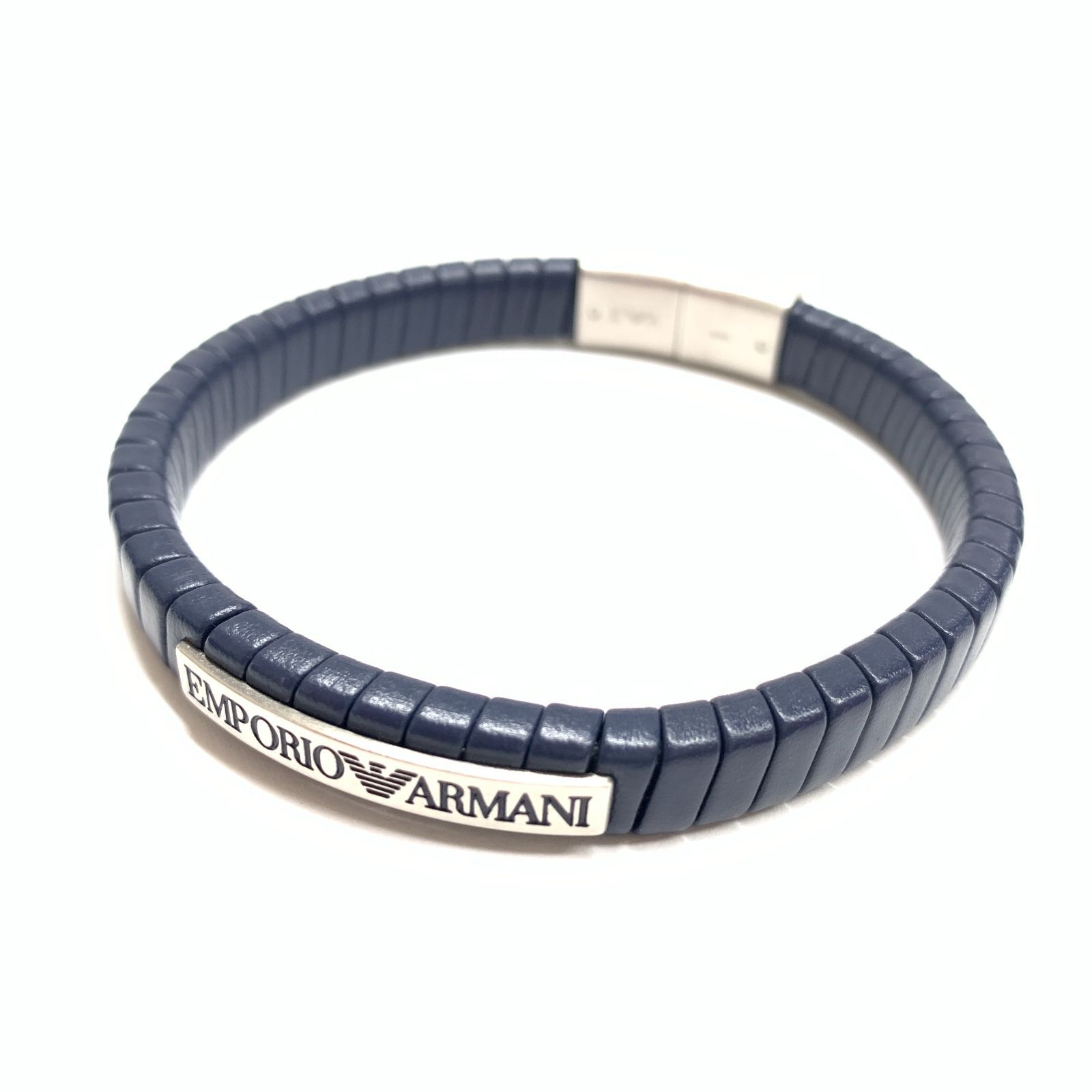 f001 K 極美品 EMPORIO ARMANI エンポリオアルマーニ レザー ブレスレット バングル アクセサリー メンズ ネイビー 紺×シルバー