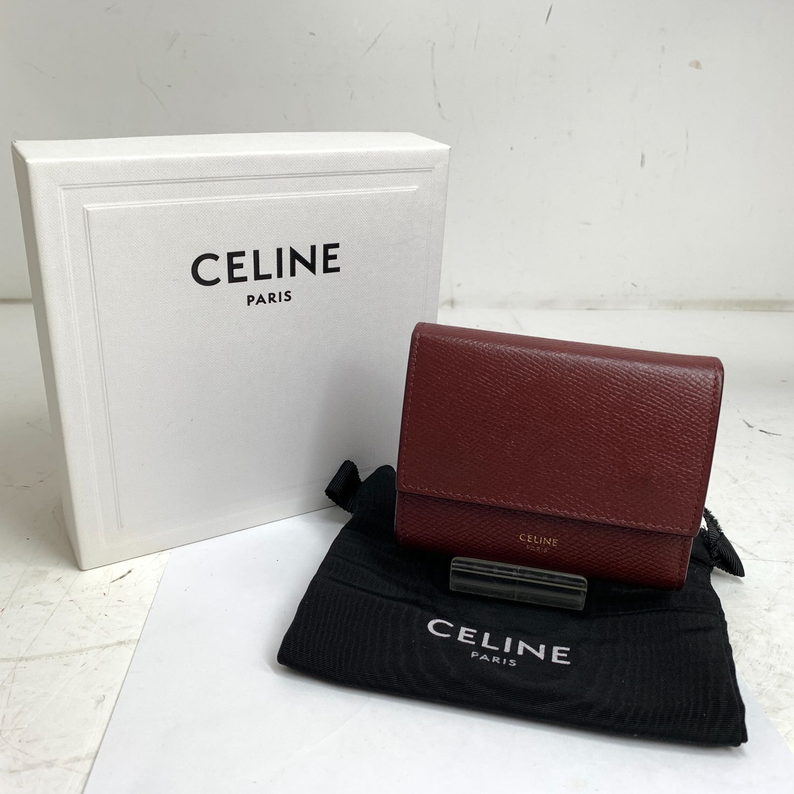 f001 K CELINE セリーヌ スモール トリフォールドウォレット レザー 三つ折り 財布 札入れ 小銭入れ カード入れ ワインレッド系