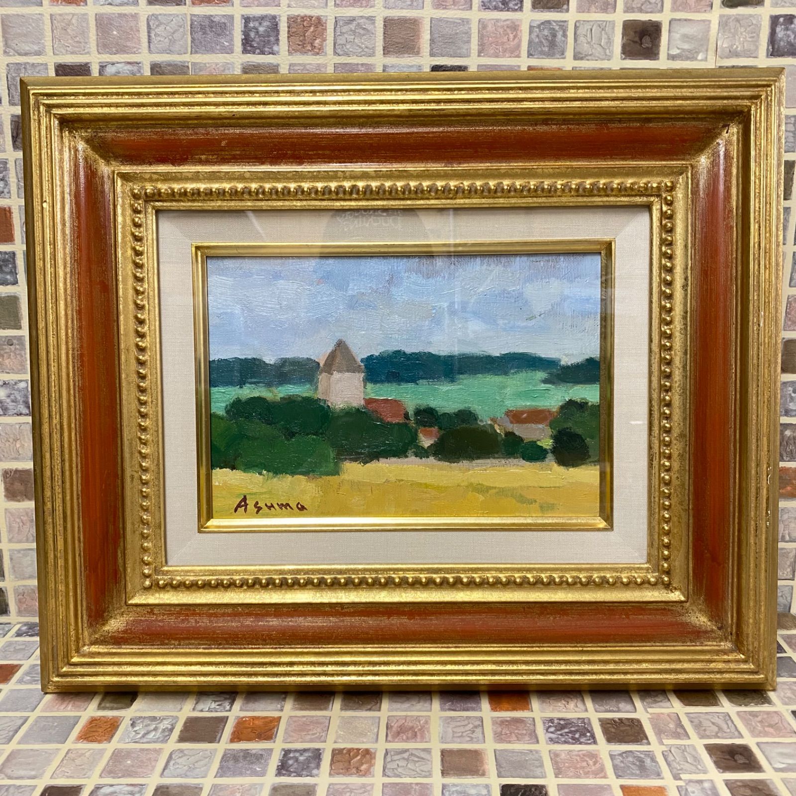 (0)い5【真作】遊馬賢一 油彩 風景画 油絵 絵画 直筆サイン入り 額装 油彩画 コレクション 額入り 村 街並み 1号サイズ