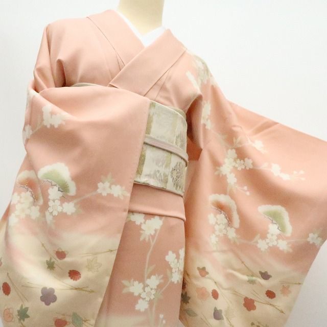 百華❀Y4919◇正絹 金駒刺繡 松 桜 梅 橘 手縫い仕立て 訪問着 着物