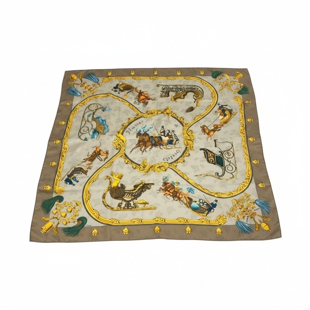 e8 《美品》 HERMES エルメス カレ90 羽飾りと鈴 スカーフ Carre 90 Plumes et Grelots ベージュ Silk 100％t18r