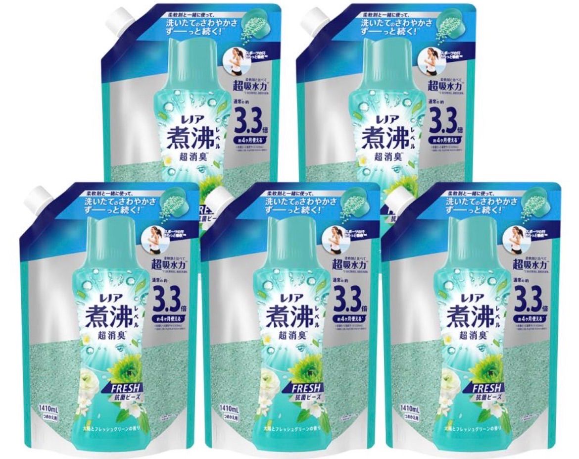 レノア 煮沸レベル超消臭 抗菌ビーズ みずみずしく香るフレッシュグリーン 詰め替え 1410mL x5袋