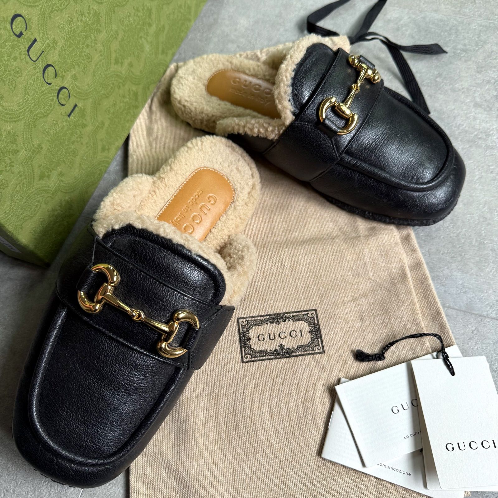 GUCCI グッチ ホースビット レザー ミュール ブラック ゴールド金具 37 