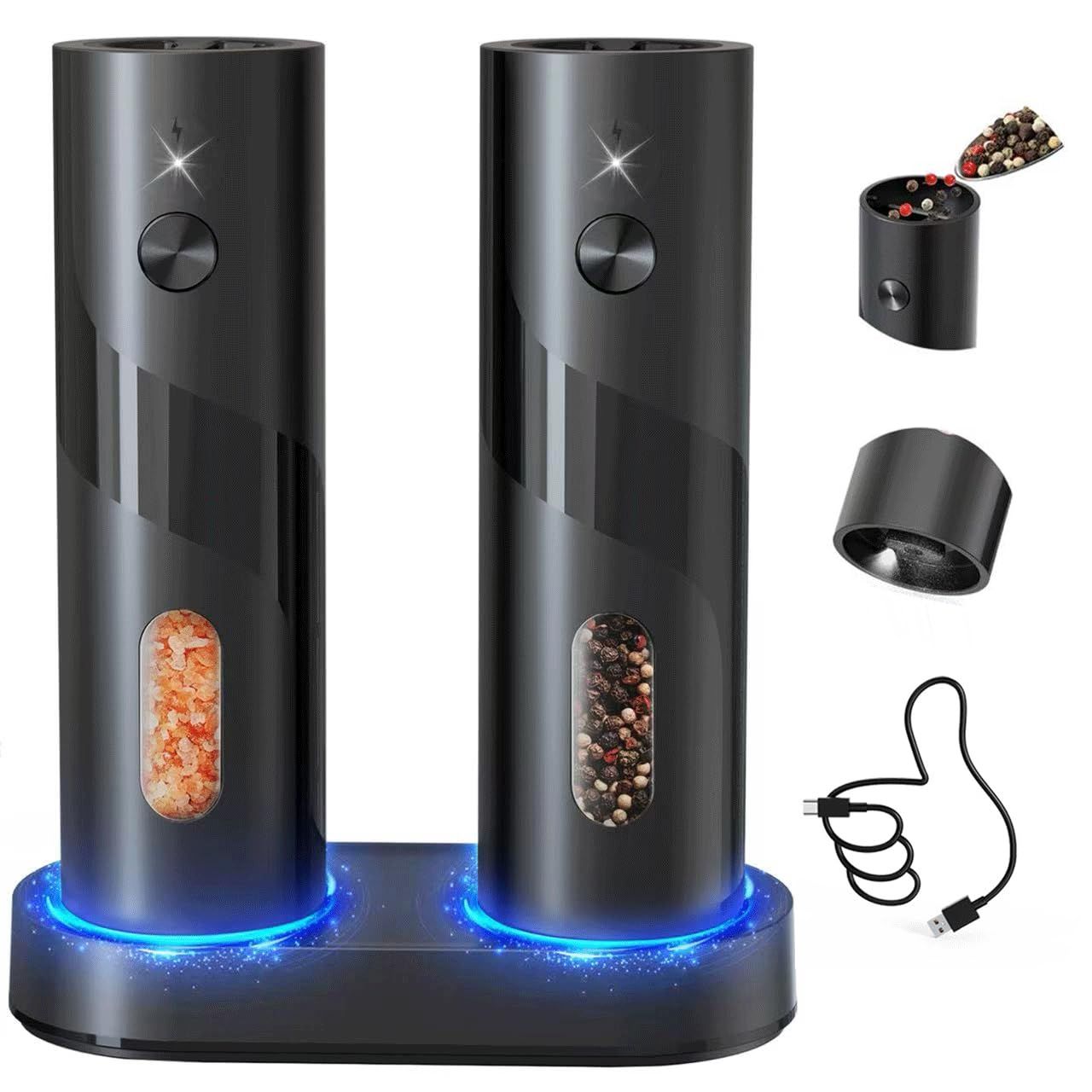 CIRCLE JOY 電動ペッパーミル USB充電式 塩コショウグラインダー 粗さ調節可能 110mlコンテナ 充電ベース 白色LEDライト 片手で操作 2本セット ブラック送料無料 ade84520