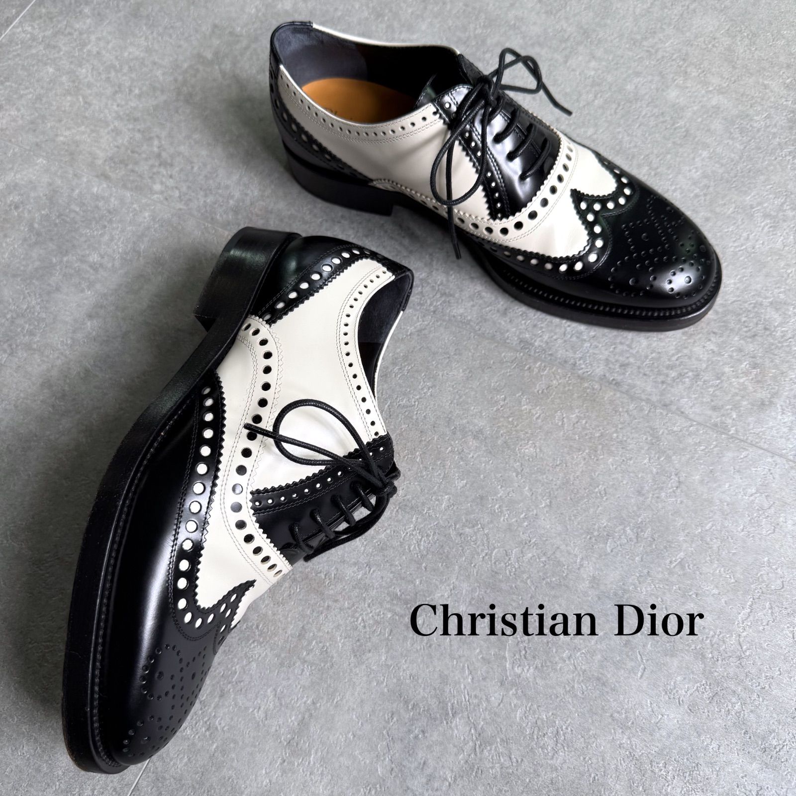 美品 Christian Dior クリスチャンディオール ウィングチップドレスシューズ レースアップ レザーローファー ブラック ホワイト BEE 34D レディースシューズ 21cm