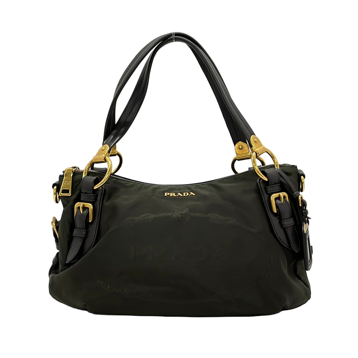 PRADA(プラダ) ハンドバッグ ロゴジャガード ダークグリーン×ダークブラウン 革タグ レザー