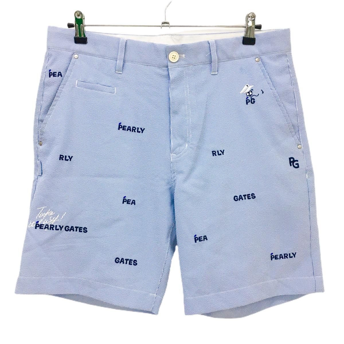 【美品】パーリーゲイツ ハーフパンツ ライトブルー×白×ネイビー 細ストライプ メンズ 6(XL) ゴルフウェア 2025年モデ PEARLY GATES