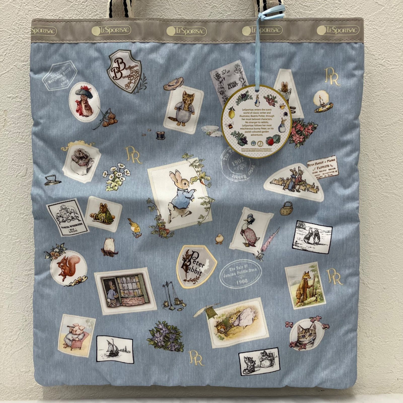 3126　LeSportsac　レスポートサック　美品　ピーターラビット　コラボ　スペシャルスタイル　エメラルドトート　トートバッグ　Peter Rabbit　デニム柄　水色　ライトブルー　ベージュ　レディース　軽量　シンプル