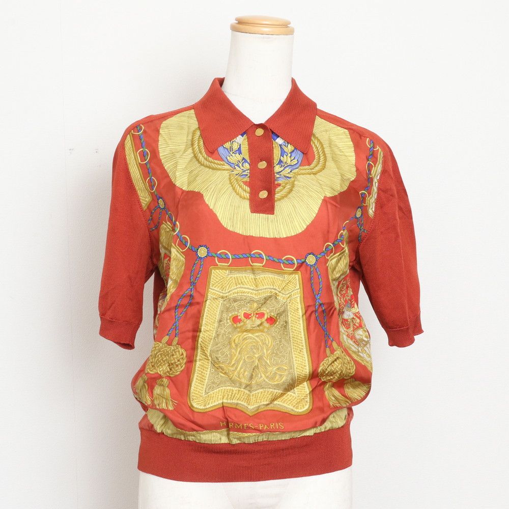 極美品 エルメス タグ付 ツイルレーヌ 切替 半袖 ポロシャツ シルク 100％ 36 ニット トップス 洋服 レディース MBM DZ16-3【中古】