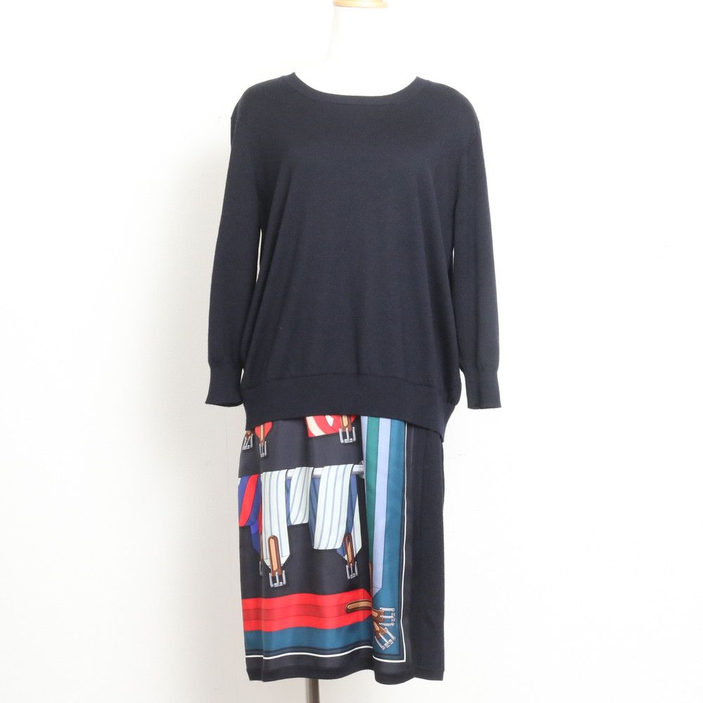 美品 エルメス タグ付 切替 ロングスリーブ ニット ワンピース 長袖 ドレス 洋服 おしゃれ ネイビー 紺 レディース EBM DZ16-8【中古】