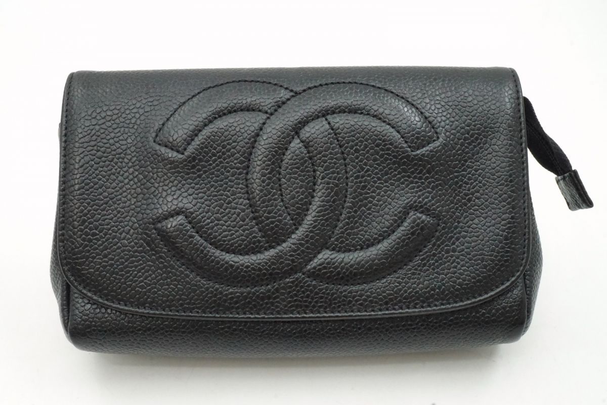 シャネル コスメ ポーチ クラッチ バッグ ココマーク ミラー付き キャビアスキン レザー 黒 ブラック CHANEL 6376k