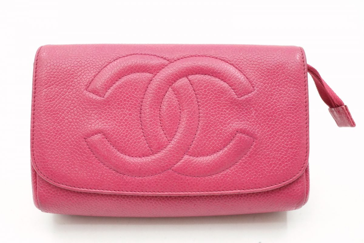 シャネル コスメ ポーチ クラッチ バッグ ココマーク ミラー付き キャビアスキン レザー ピンク CHANEL 6377k