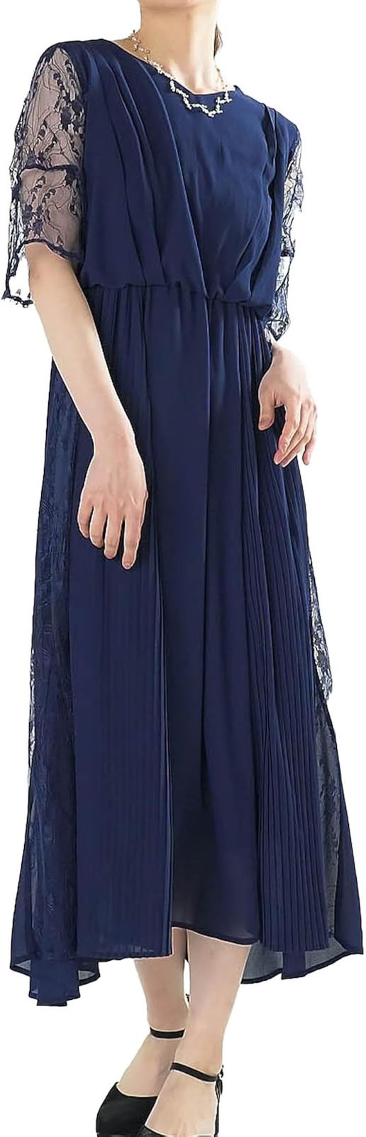 AUNI(アウニイ) 結婚式 ドレス お呼ばれ フォーマル ワンピース レディース ミモレ丈 ロング シフォンドレス (ネイビー / ミモレ丈 / 327014, L)