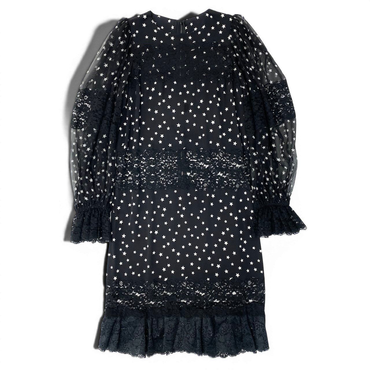 50e8 DOLCE&GABBANA ドルチェアンドガッバーナ レース切替 スタープリント ワンピース 星柄 シアー ドレスワンピース パフスリーブ サイズ38 ブラック レディース 女性用u02t