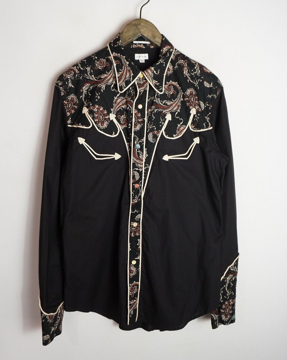 正規 Paul Smith ポールスミス ペイズリー柄 総柄 長袖 ウエスタン 刺しゅう シャツ コットン 314F 黒 ブラック サイズ L 本物 2561Q★2