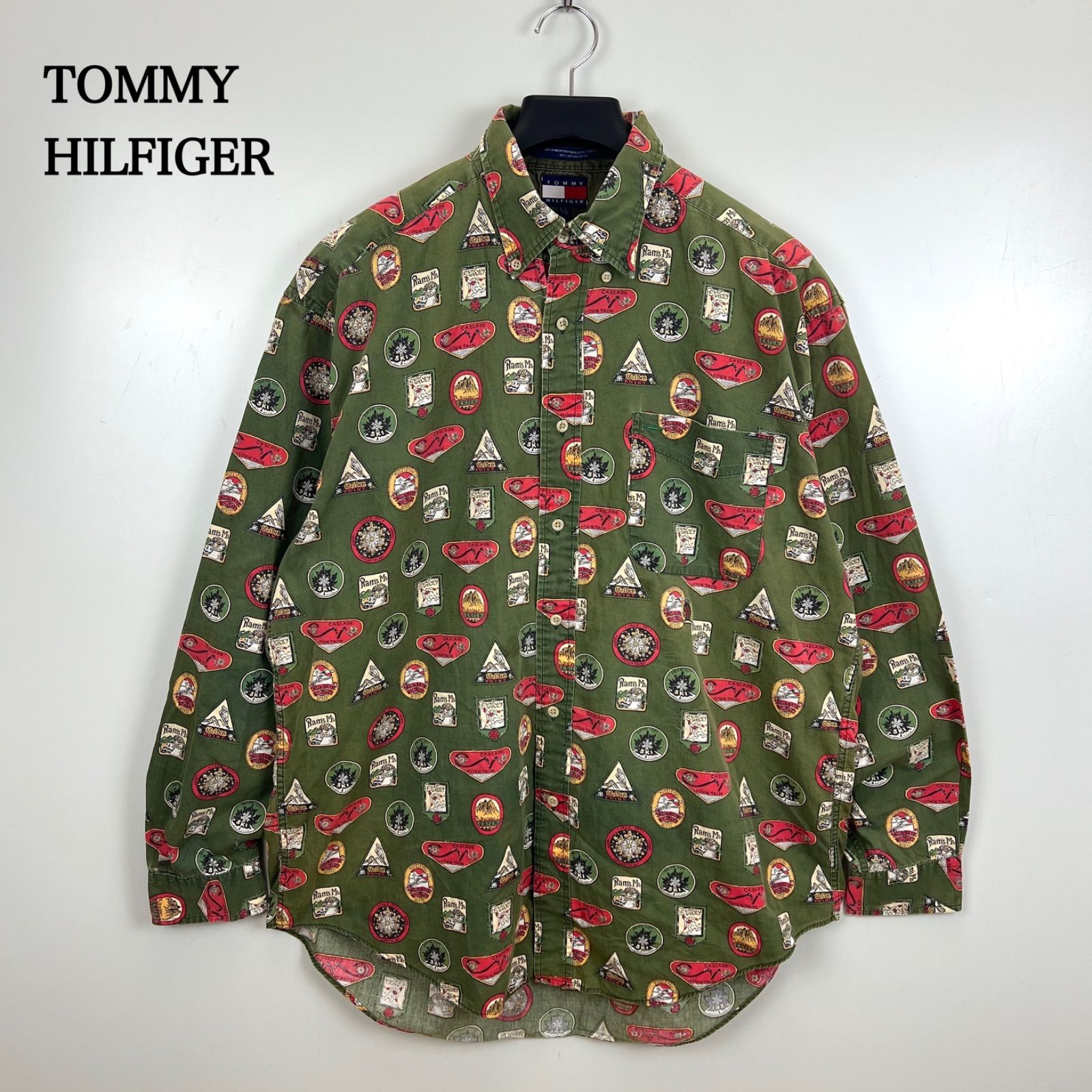 TOMMY HILFIGER 90s MAURITIUS vintage over print L/S shirts L トミーヒルフィガー モーリシャス製 総柄 長袖シャツ ボタンダウン ヴィンテージ