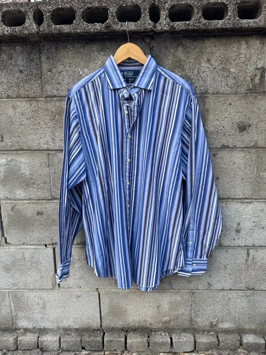 90s ポロ ラルフローレン ヴィンテージ Classic フィット ブルー ストライプ シャツ L