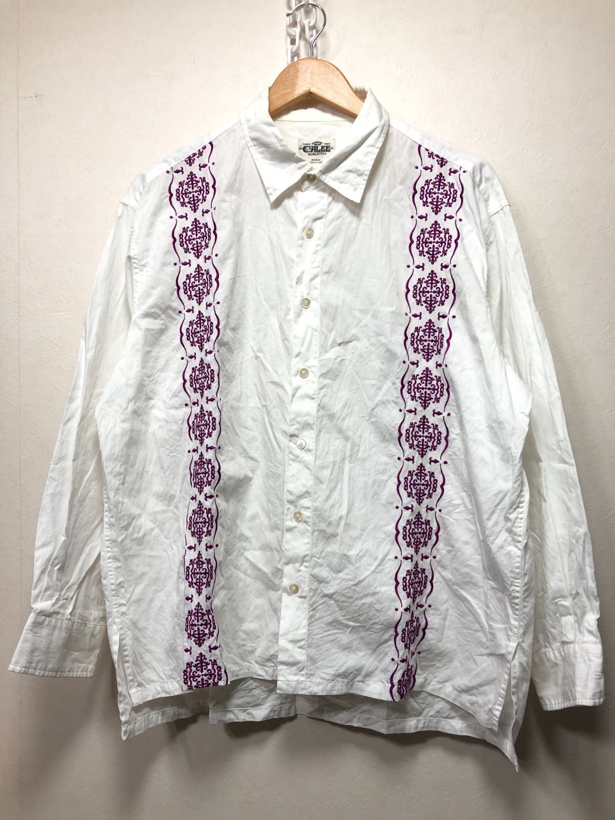 215080 CALEE COTTON BROAD CLOTH GUAYABERA SHIRT 長袖 刺繍 キューバ シャツ M ホワイト パープル キャリー