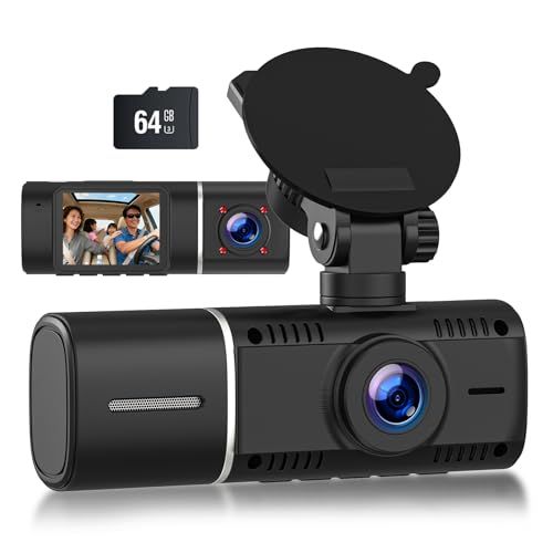 ドライブレコーダー 1.5インチ 1080Pどらいぶれこーだー 小型 ドラレコ 24時間駐車監視 150度+150度 広視野角 超暗視機能 車前+車内一体型 WDR機能 ノイズ対策済み LED信号機対応 ループ録画 64GBカード付属 日本語取扱説明書 12t