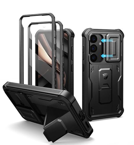 Dexnor Samsung Galaxy S25用 ケース - スライド式内蔵カメラカバー＆画面保護フィルム＆キックスタンド付き ヘビーデューティ耐衝撃 頑丈 フルボディバンパー保護ケース(ブラック)t