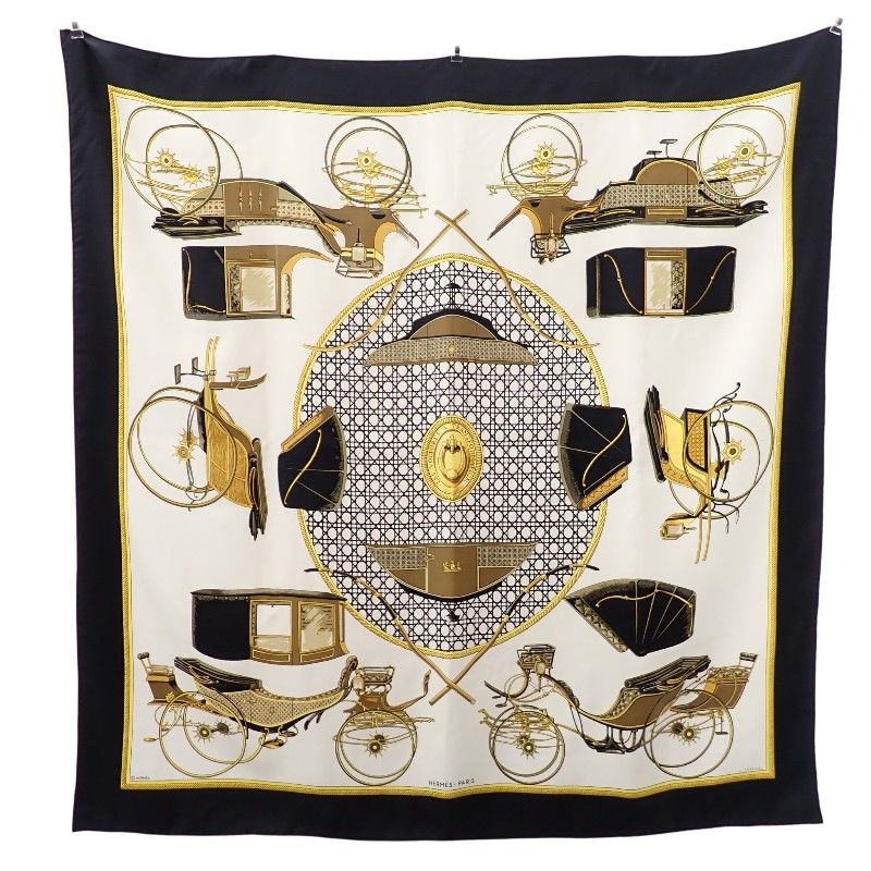エルメス HERMES カレ90 折り畳み式幌馬車 LES VOITURES A TRANSFORMATION スカーフ 大判 シルク ブラック 黒 アイボリー レディース【中古】【ABランク】 28,324円