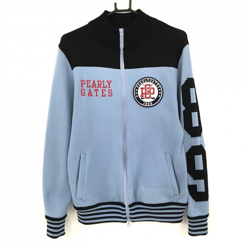 【美品】パーリーゲイツ ニットジャケット ライトブルー×黒 背面ロゴ刺しゅう メンズ 4(M) ゴルフウェア PEARLY GATES